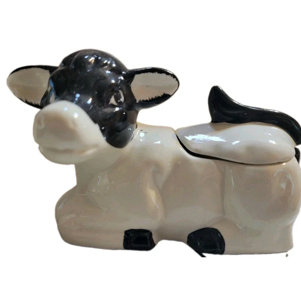 Vtg Holstein Cow Sugar & Creamer Set w/ Lid Made in Taiwan Wisconsin Souvenir